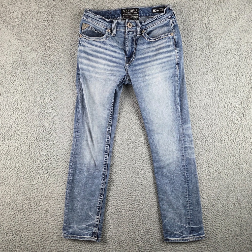 Salvage Jeans Mens 30x30 Blue Havoc Straight Slim Fit Distressed Low Rise Buckle